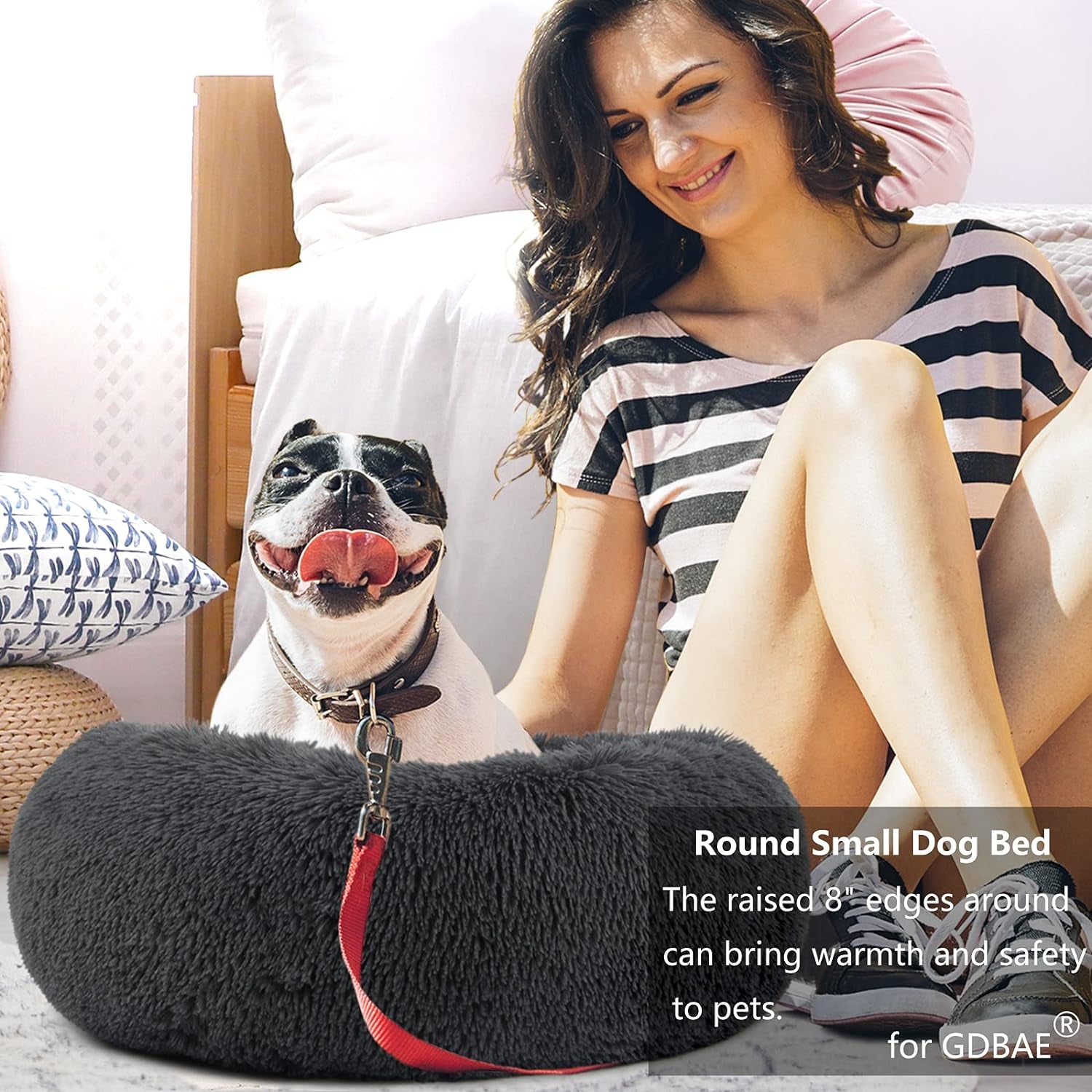 Dog Beds for Small Dogs Washable - Deep Sleep Calming Bed for Dogs with Anxiety,Round Fluff Dog Bed with Faux Fur for Small Sized Dog,Dark Grey,Fits up to 20 Lbs