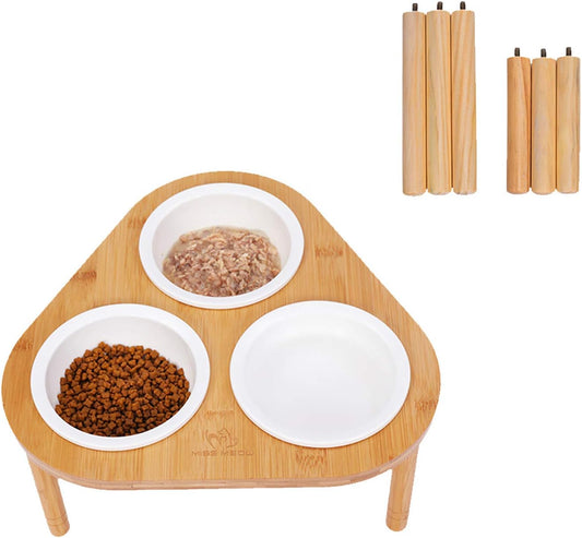 Elevated Cat Feeder with Bamboo Stand and Three Ceramic Bowls, Featuring Anti-Slip and Removable Feet