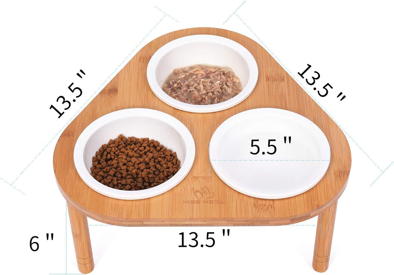 Elevated Cat Feeder with Bamboo Stand and Three Ceramic Bowls, Featuring Anti-Slip and Removable Feet