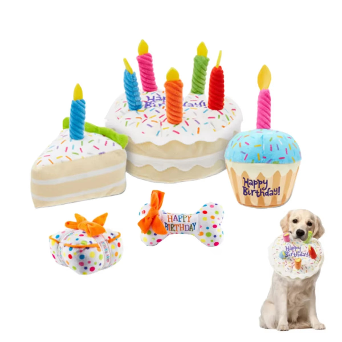 Dog Birthday Cake Toy Soft Plush Squeaky with Colourful Candles Durable Funny Stuffed Chew for Large Breeds Birthday Gift Scarf