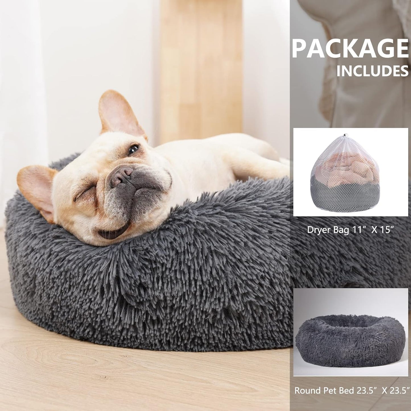 Dog Beds for Small Dogs Washable - Deep Sleep Calming Bed for Dogs with Anxiety,Round Fluff Dog Bed with Faux Fur for Small Sized Dog,Dark Grey,Fits up to 20 Lbs