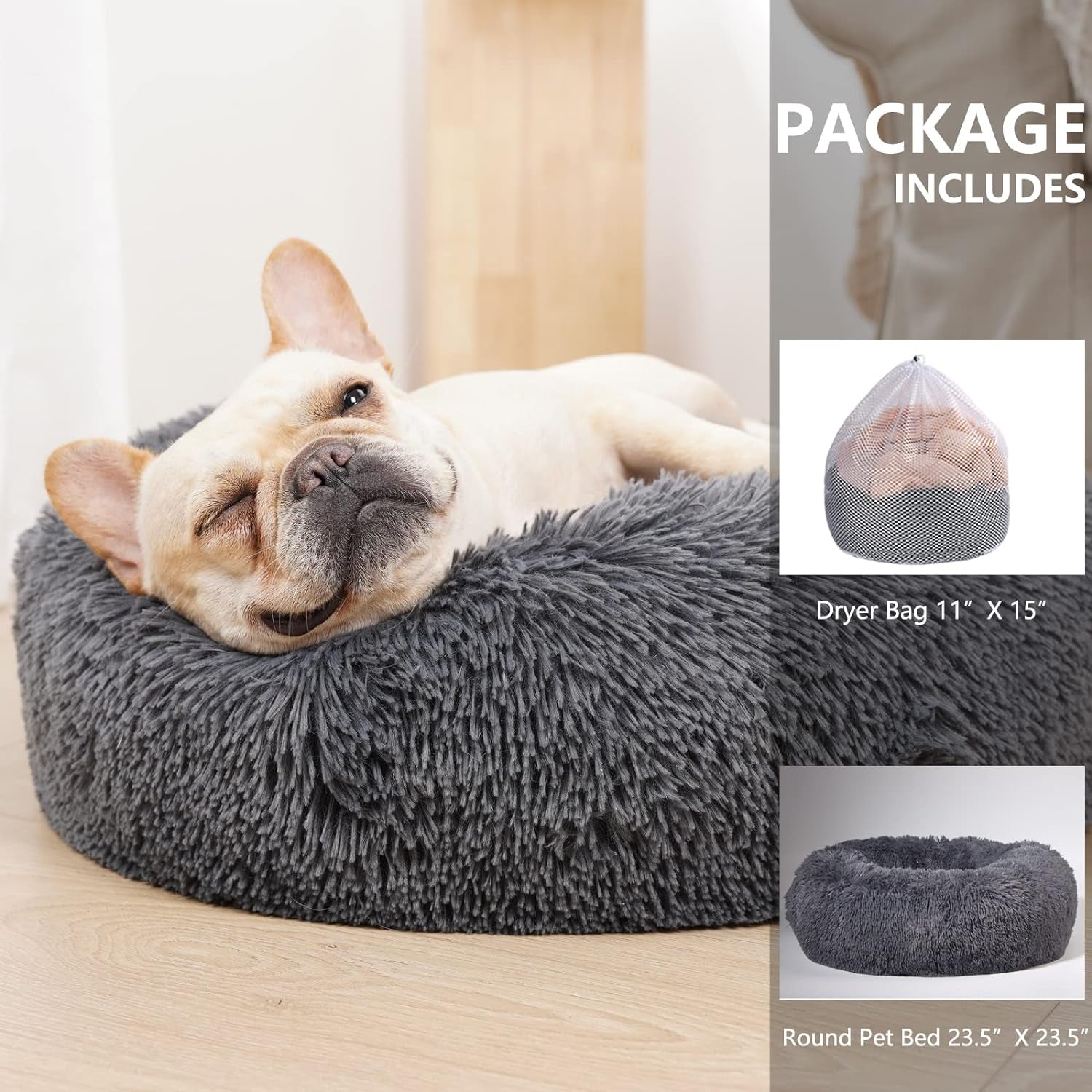 Dog Beds for Small Dogs Washable - Deep Sleep Calming Bed for Dogs with Anxiety,Round Fluff Dog Bed with Faux Fur for Small Sized Dog,Dark Grey,Fits up to 20 Lbs