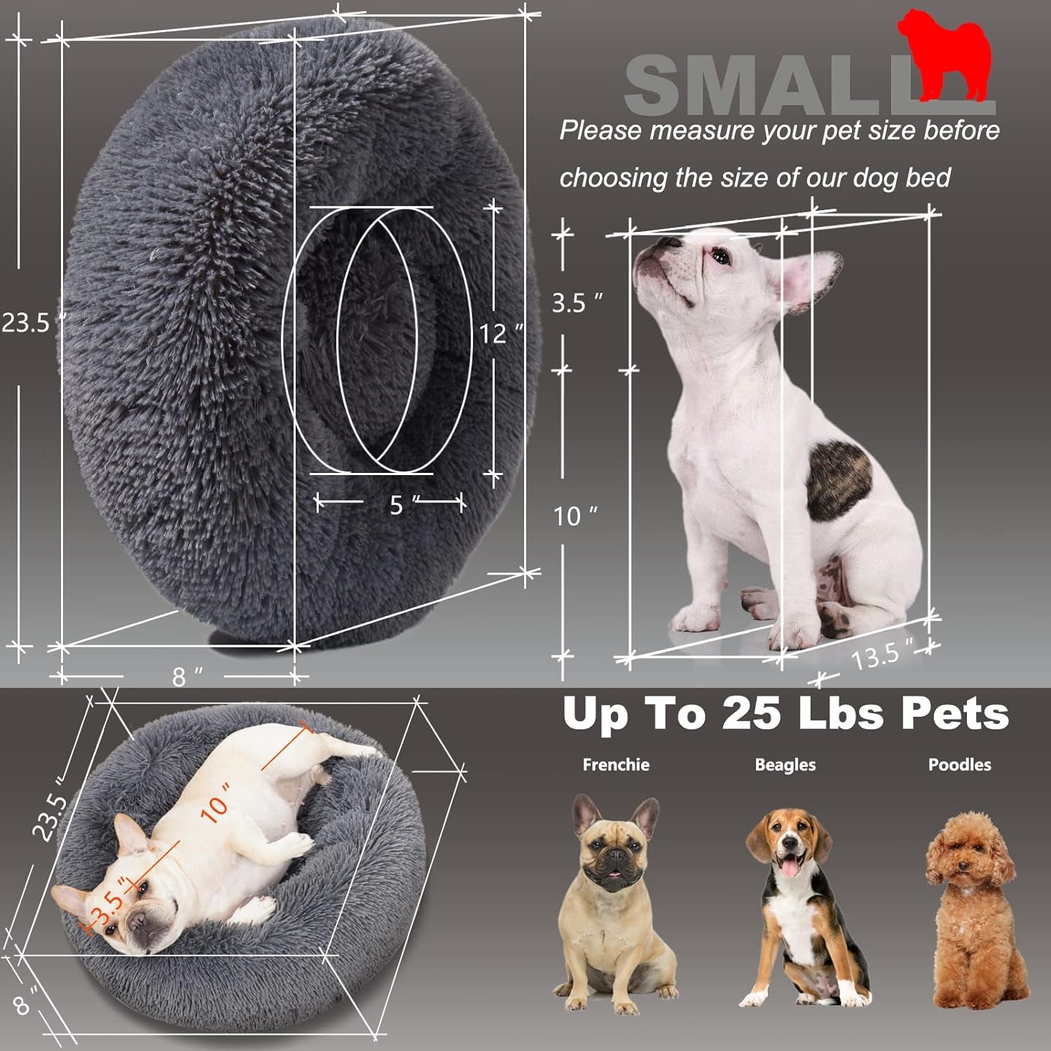 Dog Beds for Small Dogs Washable - Deep Sleep Calming Bed for Dogs with Anxiety,Round Fluff Dog Bed with Faux Fur for Small Sized Dog,Dark Grey,Fits up to 20 Lbs