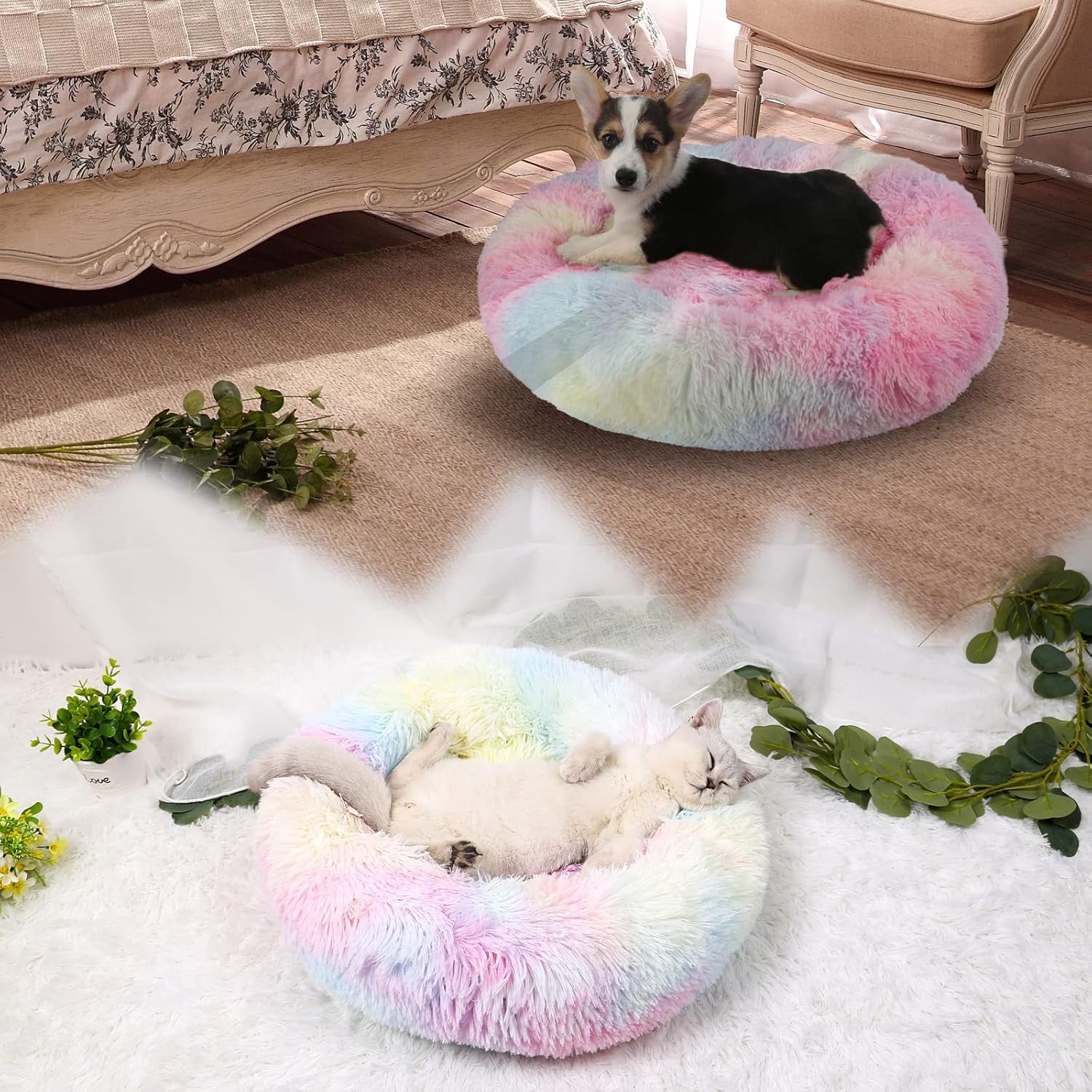 Calming Dog Bed, Anti-Anxiety Dount Dog Beds, Comfortable Cat Dog Cushion, Washable Faux Fur Dog Cat Bed, Comfy Cuddler Dog Beds Soft Fluffy Plush Pet Beds for Small Medium Large Dog and Cat